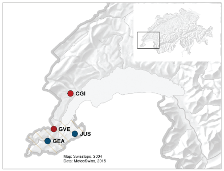 Karte der Schweiz mit der Gemeinde Lully (schwarzer Punkt) und den nächstgelegenen Stationen (blaue und rote Punkte).