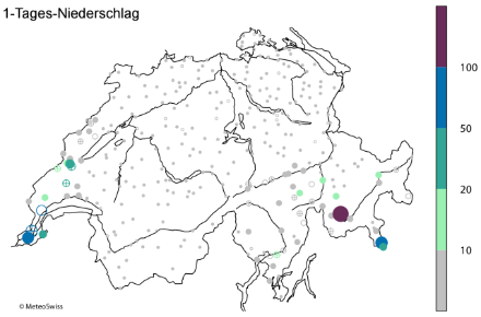 Karte der Schweiz, die mit farblichen Kreisen die Wiederkehrperioden der 1-Tages-Niederschlagssumme für den 14. November 2002 darstellt.