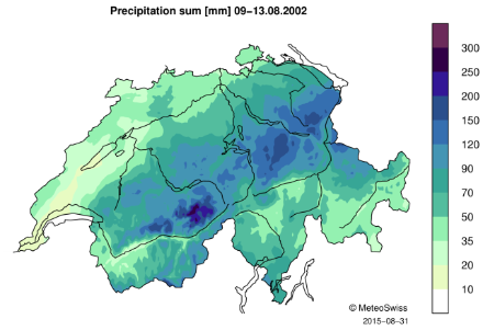 Map of Switzerland showing the 5-day precipitation sum with color shading.