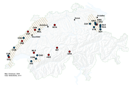 Karte der Schweiz, in welcher die betroffenen Regionen durch Striche und die Stationen, die für die Ereignisanalyse verwendet wurden, so wie Städte durch Punkte markiert werden.