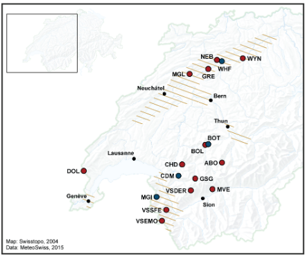 Karte der Schweiz, in welcher die betroffenen Regionen durch Striche und die Stationen, die für die Ereignisanalyse verwendet wurden, so wie Städte durch Punkte markiert werden.