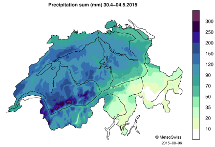 Map of Switzerland showing the 5-day precipitation sum with color shading.