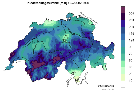 Map of Switzerland showing the 6-day precipitation sum with color shading.