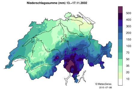 Karte der Schweiz, die die 5-Tages-Niederschlagssumme durch Farbverlauf darstellt.