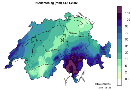 Karte der Schweiz, welche die tägliche Niederschlagsmengen durch Farbverlauf zeigt.