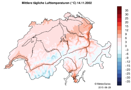 Karte der Schweiz, welche die Tagesmitteltemperaturen durch Farbverlauf zeigt.