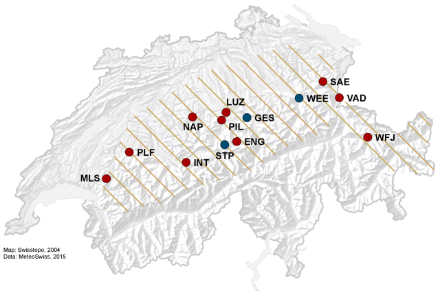 Karte der Schweiz, in welcher die betroffenen Regionen durch Striche und die Stationen, die für die Ereignisanalyse verwendet wurden, durch Punkte markiert werden.