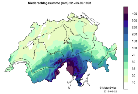 Karte der Schweiz, die die 4-Tages-Niederschlagssummen durch Farbverlauf darstellt.