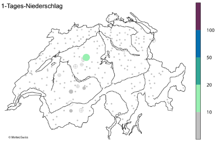 Karte der Schweiz, die mit farblichen Kreisen die Wiederkehrperioden der höchsten 1-Tages-Niederschlagssumme zwischen dem 24. und 28. Juli 2014 darstellt.