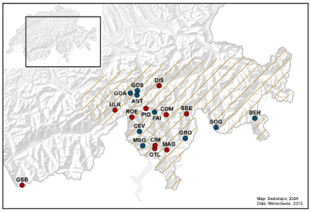Karte der Schweiz, in welcher die betroffenen Regionen durch Striche und die Stationen, die für die Ereignisanalyse verwendet wurden, durch Punkte markiert werden.