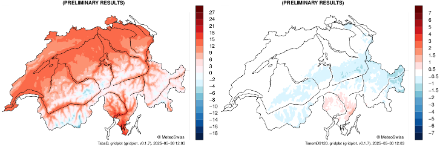 Zwei Kartendarstellungen der Schweiz mit den grössten Flüssen und Seen. Die Karten zeigen innerhalb der Landesgrenzen die Monatsmitteltemperaturen (links) und die Abweichungen zur Referenzperiode 1991-2020 (rechts) für diesen Monat.