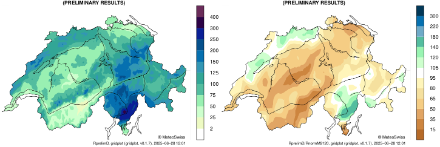 Zwei Kartendarstellungen der Schweiz mit den grössten Flüssen und Seen. Die Karten zeigen innerhalb der Landesgrenzen die Monatssummen des Niederschlags (links) und das Verhältnis zur Referenzperiode 1991-2020 (rechts) für diesen Monat.