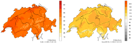 Zwei Kartendarstellungen der Schweiz mit den grössten Flüssen und Seen. Die Karten zeigen innerhalb der Landesgrenzen das Verhältnis der monatlichen zur maximal möglichen Sonnenscheindauer (links) und das Verhältnis zur Referenzperiode 1991-2020 (rechts) für diesen Monat.