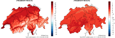 Zwei Kartendarstellungen der Schweiz mit den grössten Flüssen und Seen. Die Karten zeigen innerhalb der Landesgrenzen die Monatsmitteltemperaturen (links) und die Abweichungen zur Referenzperiode 1991-2020 (rechts) für diesen Monat.