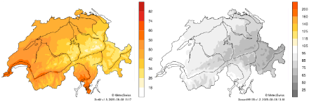 Zwei Kartendarstellungen der Schweiz mit den grössten Flüssen und Seen. Die Karten zeigen innerhalb der Landesgrenzen das Verhältnis der monatlichen zur maximal möglichen Sonnenscheindauer (links) und das Verhältnis zur Referenzperiode 1991-2020 (rechts) für diesen Monat.