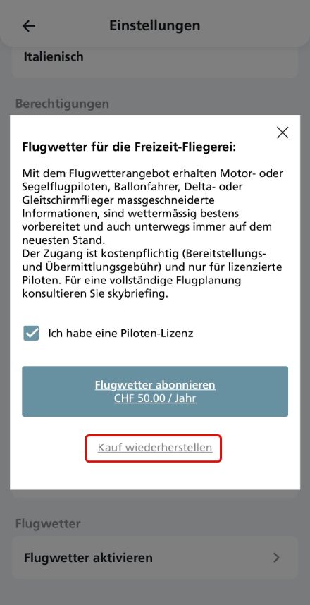 Ich habe ein neues Gerät, wie erhalte ich die bereits gekaufte Flugwetter In-App erneut?