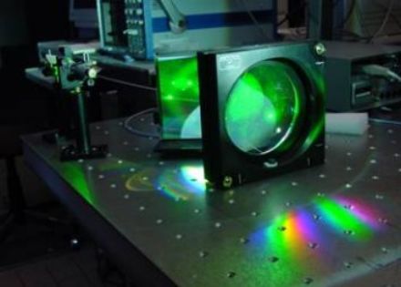 Bild eines Laserstrahl und zweier Linsen, in welchen das Licht grün leuchtet.