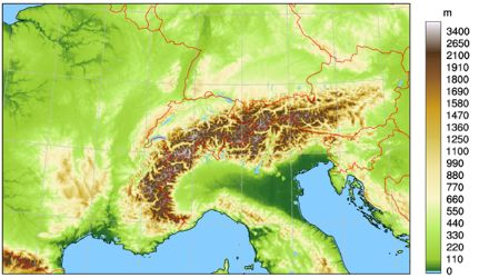 Karte des Alpenraums; für dieses Gebiet werden ICON-CH1-EPS und ICON-CH2-EPS Vorhersagen ausgeliefert.