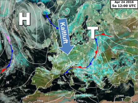 Satellitenbild einer typischen April-Wetterlage mit Kaltluft aus Norden.