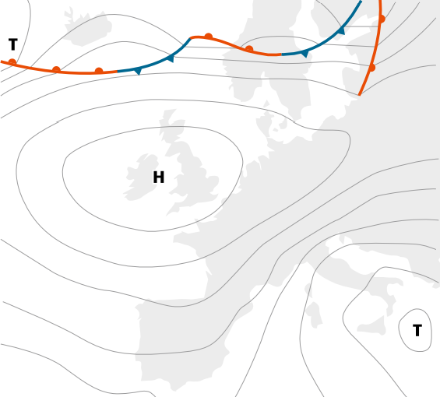 Vereinfachte Wetterkarte von Europa mit Isobaren (Linien gleichen Luftdrucks) und Fronten.