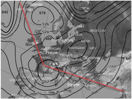 Geopotential auf 500 hPa (ca 5500 m Höhe) mit der in Rot eingezeichneten Flugroute. 