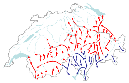 Karte mit den typischen Tälern der Schweiz mit Südföhn und Nordföhn.