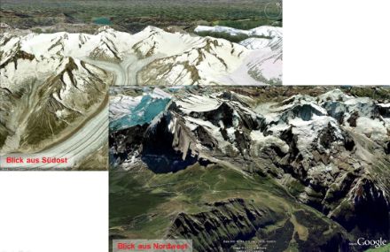 Das Jungfraugebiet, oben Blick aus Südosten auf das Luvgebiet bei Guggiföhn, unten Blick aus Nordwesten auf das Leegebiet.