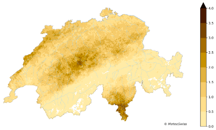 Eine Karte zeigt in unterschiedlichen Brauntönen die durchschnittliche Anzahl Tage mit Hagel in der Schweiz. Im Südtessin, entlang der Voralpen und insbesondere im Napfgebiet und im Jura kommt es am häufigsten zu Hagelschlag.