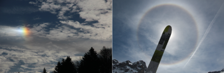 Zwei Aufnahmen von Halo-Erscheinungen; das Sonnenlicht bricht sich an Schleierwolken.