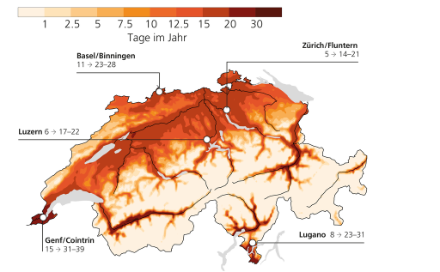 Karte der Schweiz mit farbcodierten Angaben zur Anzahl Hitzetage im Jahr 2060.