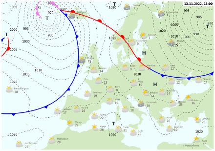 Bodenwetterkarte mit Isobaren (gestrichelte Linien) und Fronten (Blau für Kaltfront, Rot für Warmfront und Violett für Okklusion) für den 14. November 2022 um 13 Uhr Lokalzeit.