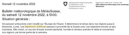Allgemeine Lage geschrieben am Samstag 12. November 05:30 Uhr: Der Durchzug eines Kaltlufttropfens oder Höhentiefs in unmittelbarer Nähe zur Schweiz wird für den Montag 14. November im Bulletin erwähnt.
