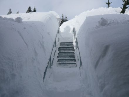 Foto des von Schneemauern umgebenen Zugangs zum Schneemessfelds auf dem San Bernardino. 