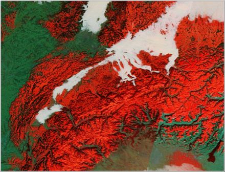 Satellitenbild mit Nebel im Mittelland der Schweiz.
