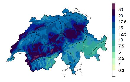 Karte der Niederschlagssummen für aktive westliche Anströmung.