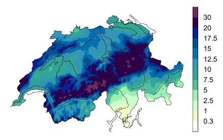 Karte der Niederschlagssummen für aktive nordwestliche Anströmung.