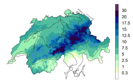 Karte der Niederschlagssummen für aktive nördliche Anströmung.