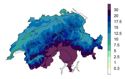 Karte der Niederschlagssummen für aktive südliche Anströmung.