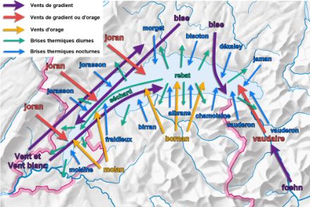 Carte illustrant les différents vents soufflant sur le Léman.