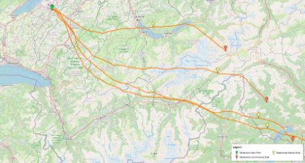 Das Portal radiosondy.info liefert in Echtzeit alle Informationen über die Flugbahn des Wetterballons. Die Karte zeigt die Flugbahnen (orange Kurven) der Wetterballons, die zwischen dem 17. und 19. Februar 2025 innerhalb von 48 Stunden von der Station Payerne aus gestartet wurden. Entlang der Flugbahnen zeigen die Symbole den Startpunkt (grün), den Punkt, an dem der Ballon platzt (gelb) und den Punkt, an dem die Sonde vor der Landung die letzten Daten an das GTS übermittelt (orange).