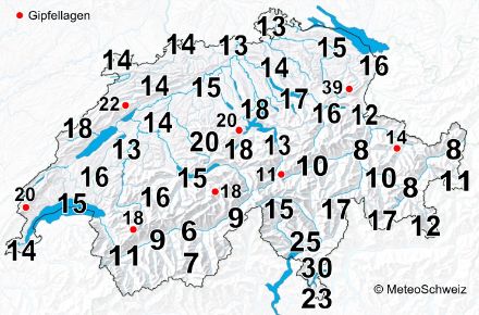 Schweizer Karte mit Zahlenangaben zur Gewitterhäufigkeit. Im Tessin treten pro Jahr im Schnitt 20-30 Gewitter auf, im Wallis und Engadin weniger als zehn.