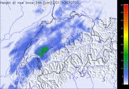Neuschneesumme (in cm) vom 30. November 7 Uhr bis zum 1. Dezember 2017 07 Uhr.
