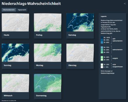  	Kleine Schweizer Karten mit farbcodierten Angaben zur erwarteten Niederschlagswahrscheinlichkeit 