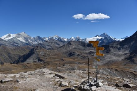 Grandiose Aussicht von der Cabane des Becs de Bosson (2983 m ü.M.) nach Süd bis Südost mit vielen Gipfeln: V.l.n.r.: Bishorn, Weisshorn, Schalihorn, Pointe Nord du Moming, Crête Sud de Moming, Zinalrothorn, Trifthorn, Wellenkuppe, Ober Gabelhorn, Grand Cornier, Dent Blanche, Dent d’Hérens. Foto: U. Graf