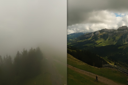 Neblige Aussicht vom Kronberg (AI) von heute Morgen (links). Im Laufe des Vormittags lockerte sich die Bewölkung auf und die Basis stieg über Gipfelhöhe (rechts, Quelle: www.roundshot.com).