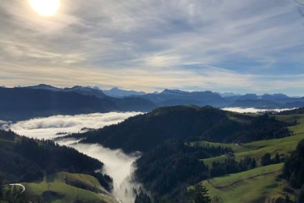 Trub im Emmental mit Hochnebel in den Niederungen und sonnigen Verhältnissen in der Höhe. Um den Schnee zu finden muss man auf über 1700 Meter. Bild: Meteomeldungen/App  