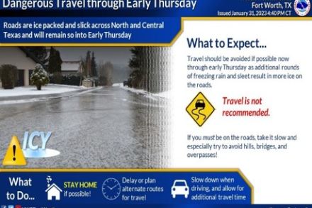 Warnung vor Glatteis, ausgegeben am 31.01.2023 vom nationalen Wettervorhersagedienst in Texas. Quelle: https://www.weather.gov.