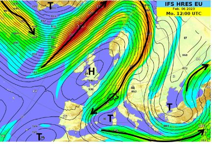 Die Strömungslage auf 300 hPa mit Geopotential zeigt ein kräftiges blockierendes Hoch (Omega-Lage) über Westeuropa am 06.02.2023, 12Z. Die schwarzen Pfeile markieren die stärkste Strömung des Jetstreams. Quelle: MeteoSchweiz / ECMWF