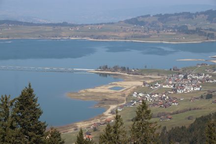 Am Sihlsee zeigt sich die Trockenheit mit einem tiefen Wasserstand ganz besonders.