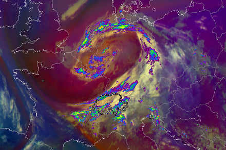 Satellitenbild überlagert mit Radardaten zeigt die wirbelförmige Wolkenstruktur und die Niederschläge des Höhentiefs am 20.4.2023 um 11 Uhr Lokalzeit. EUMETSAT/MeteoSchweiz
